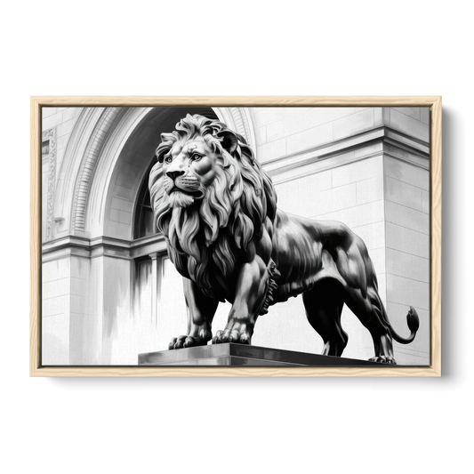 Chicago Lions at the Art Institute - Oak Framed Canvas Wall Art - Front