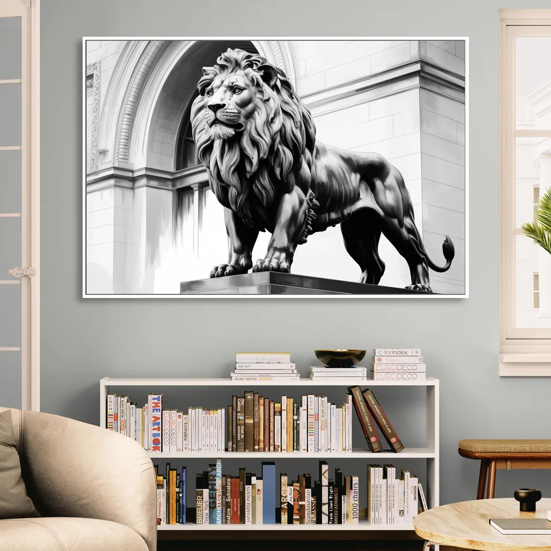 Chicago Lions at the Art Institute Living Room - White Canvas Wall Art