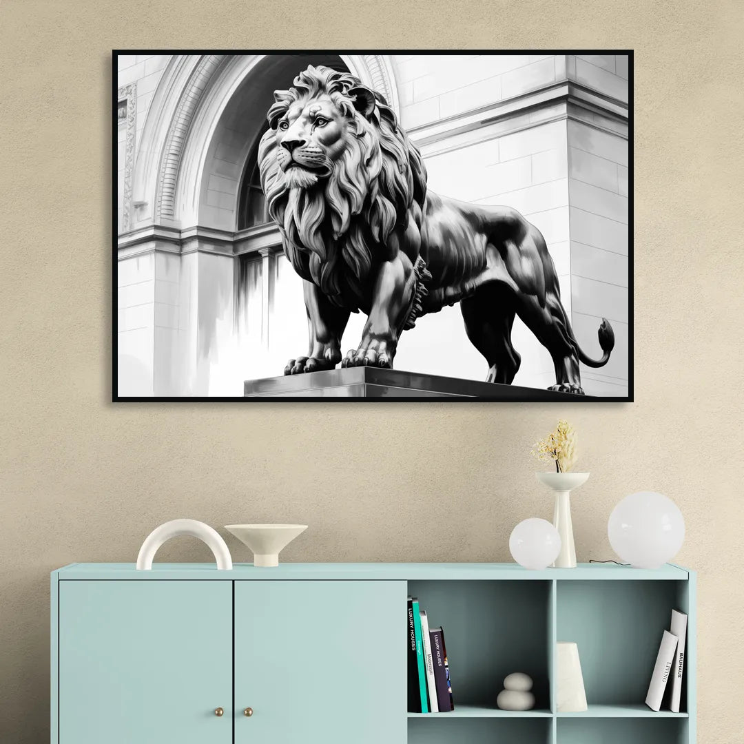 Chicago Lions at the Art Institute Sitting Room - Black Canvas Wall Art