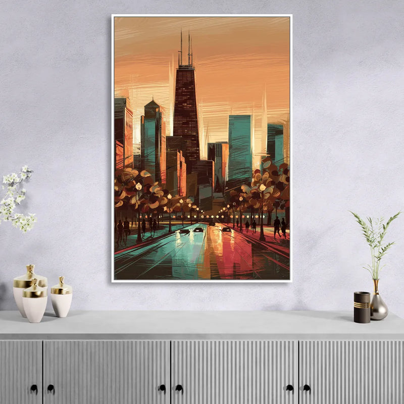 Chicago Magnificent Mile Sitting Room - White Canvas Wall Art
