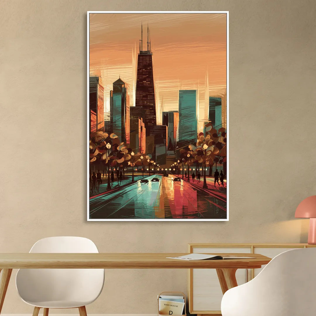 Chicago Magnificent Mile Living Room - White Canvas Wall Art