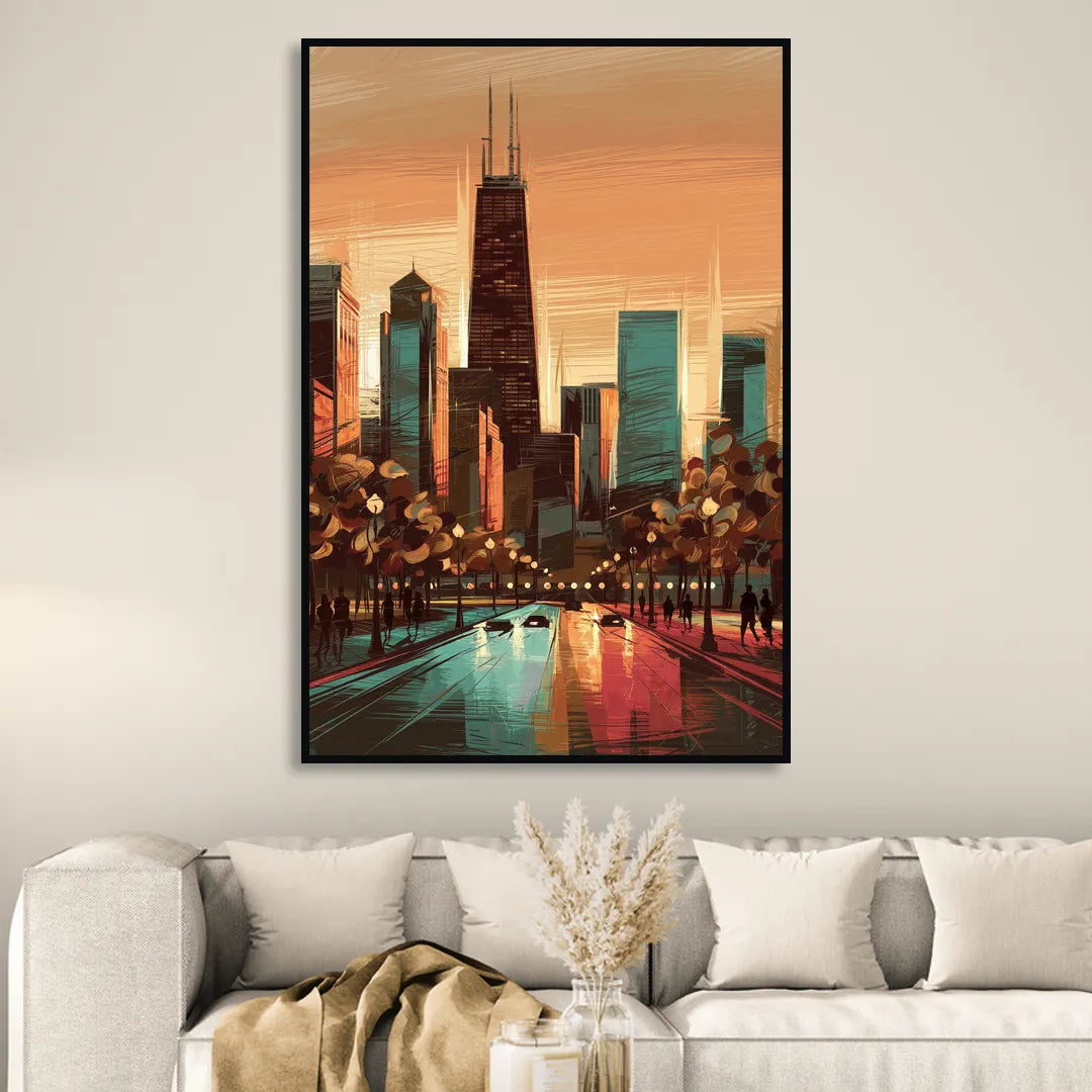 Chicago Magnificent Mile Sitting Room - Black Canvas Wall Art