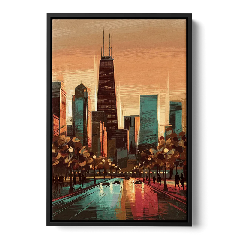 Chicago Magnificent Mile Front - Black Canvas Wall Art