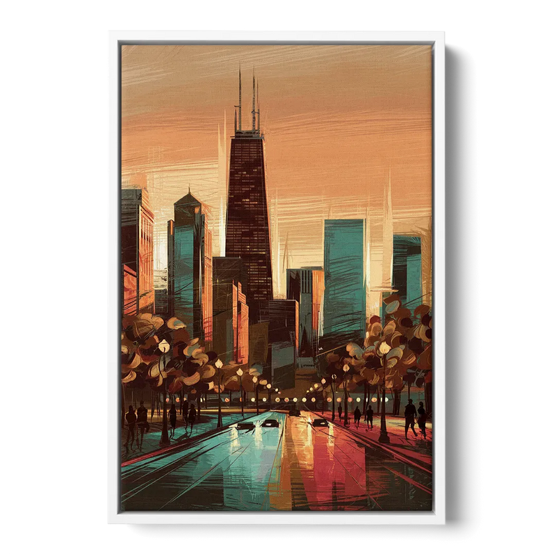 Chicago Magnificent Mile Front - White Canvas Wall Art