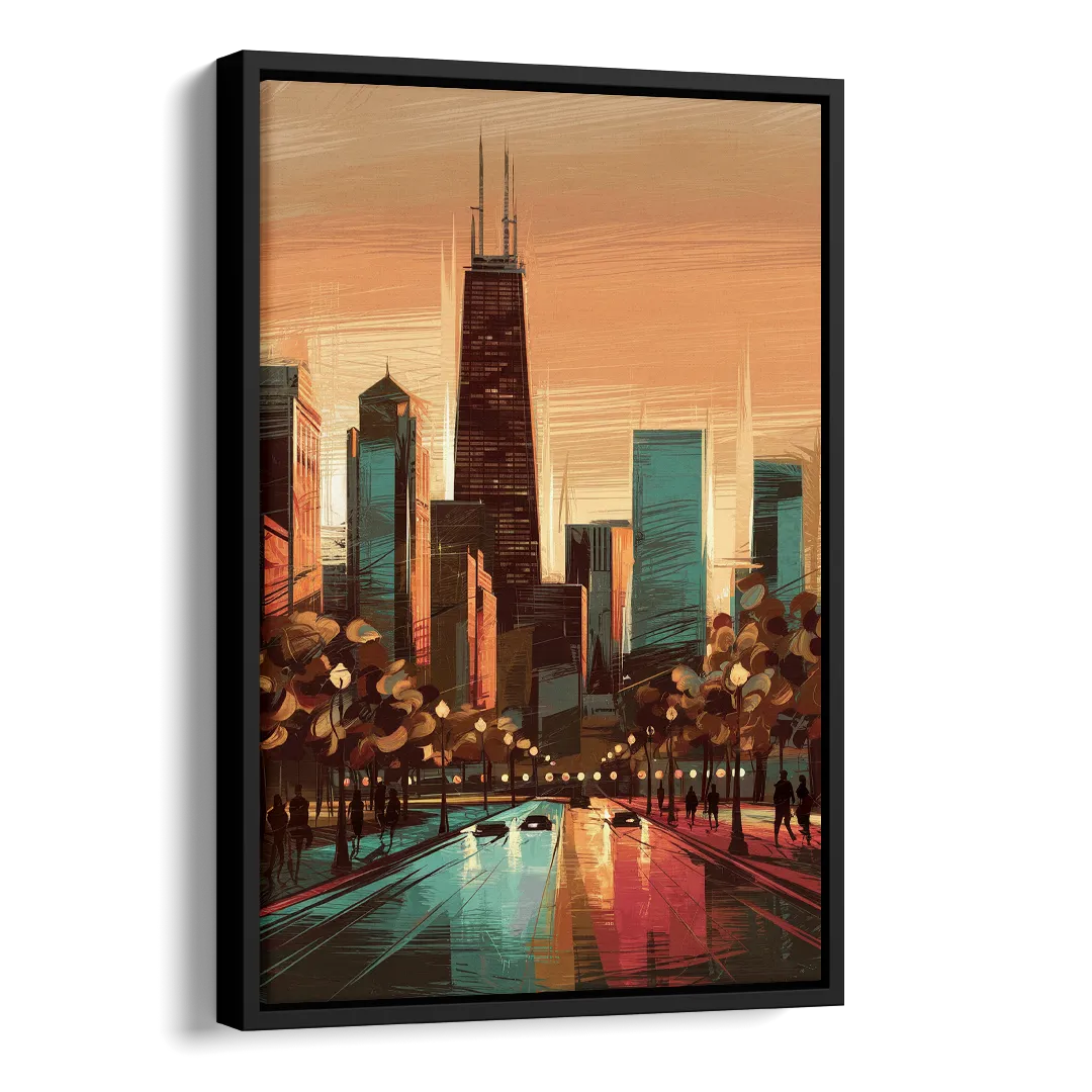 Chicago Magnificent Mile Side - Black Canvas Wall Art