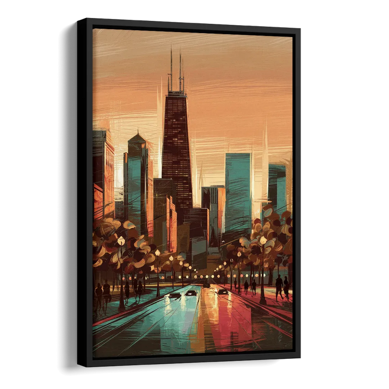 Chicago Magnificent Mile Side - Black Canvas Wall Art