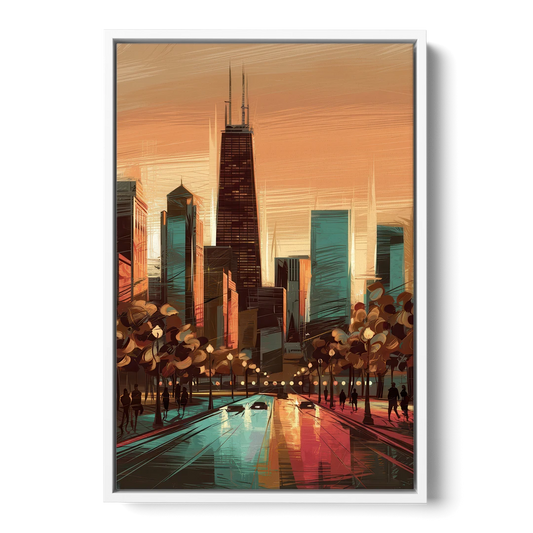 Chicago Magnificent Mile - White Framed Canvas Wall Art - Front