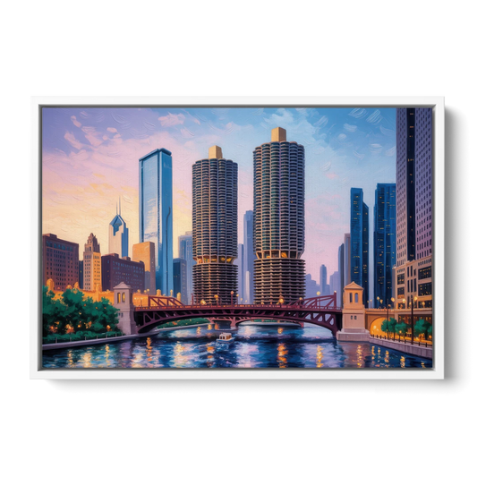 Chicago Marina City Towers Panorama - White Framed Canvas Wall Art - Front