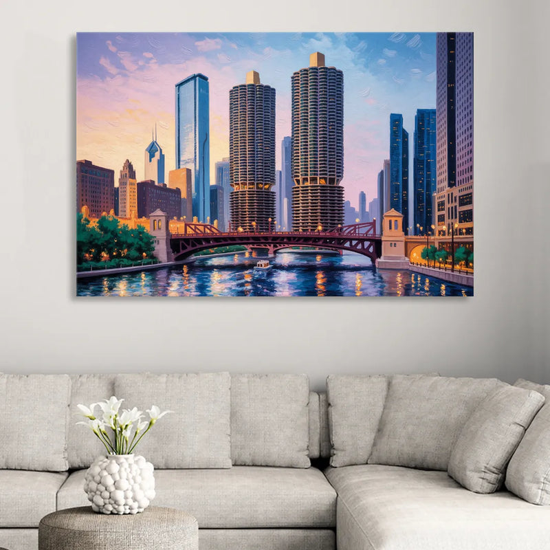 Chicago Marina City Towers Panorama Living Room - Canvas Wall Art