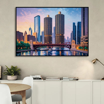 Chicago Marina City Towers Panorama Sitting Room - Black Canvas Wall Art