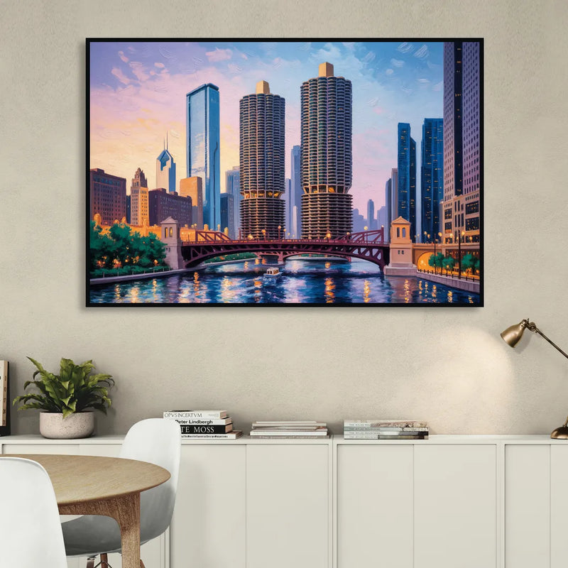 Chicago Marina City Towers Panorama Sitting Room - Black Canvas Wall Art