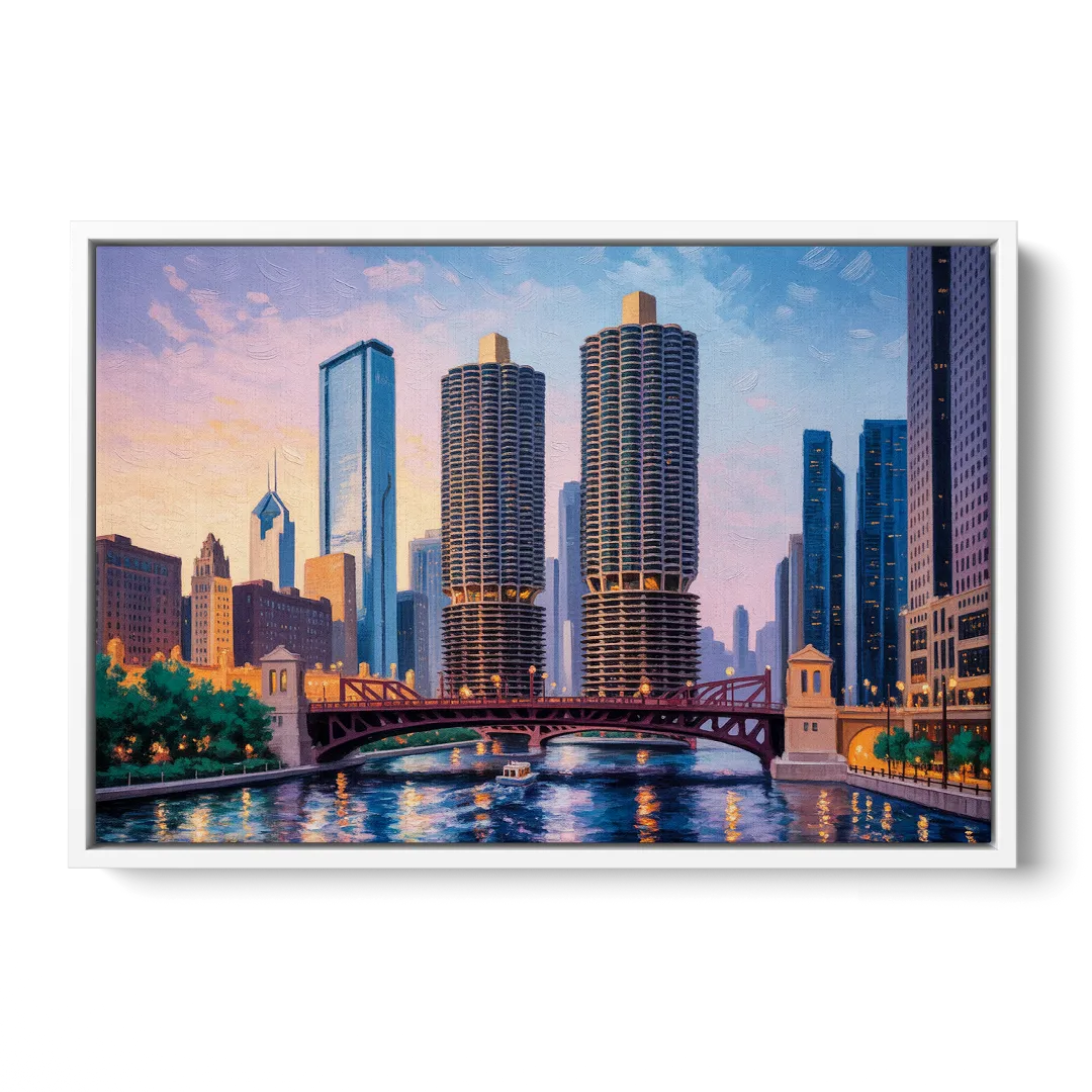 Chicago Marina City Towers Panorama Front - White Canvas Wall Art