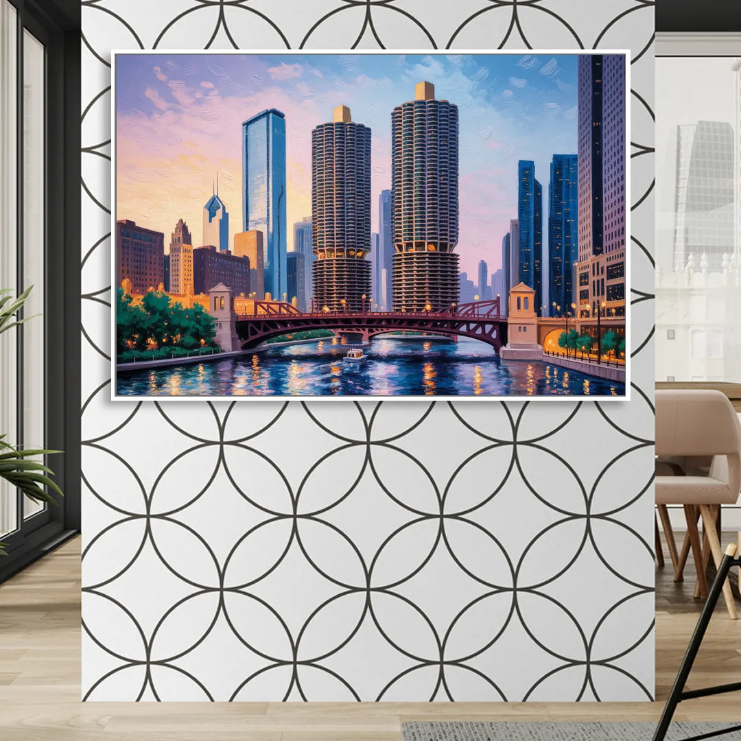 Chicago Marina City Towers Panorama Living Room - White Canvas Wall Art