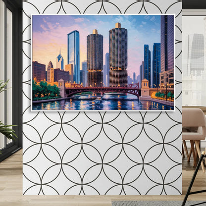 Chicago Marina City Towers Panorama Living Room - White Canvas Wall Art