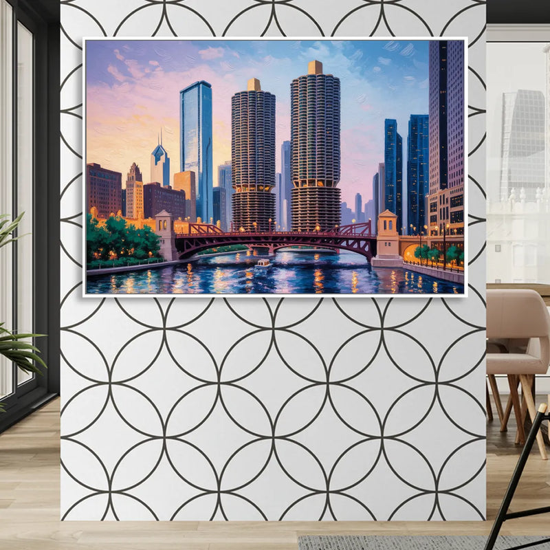 Chicago Marina City Towers Panorama Living Room - White Canvas Wall Art