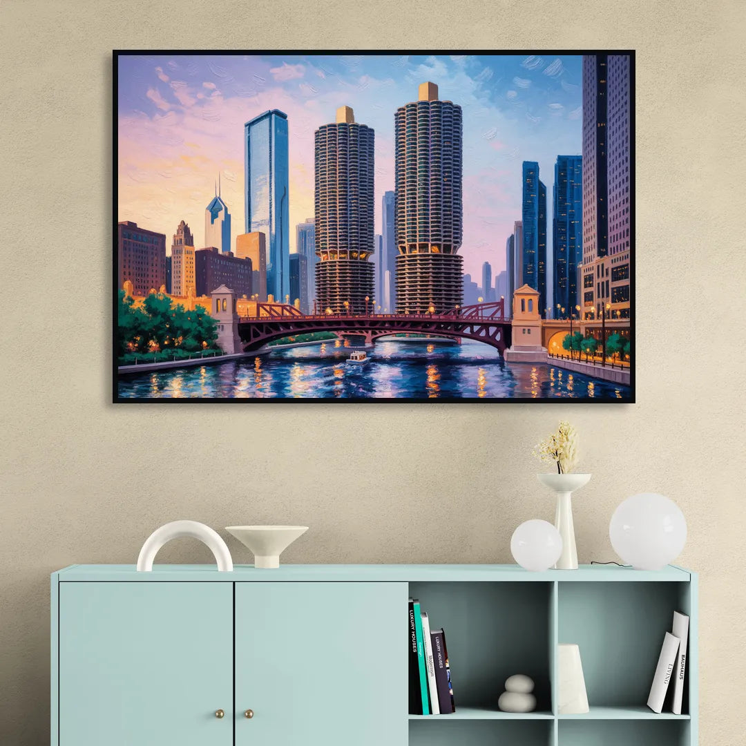 Chicago Marina City Towers Panorama Living Room - Black Canvas Wall Art