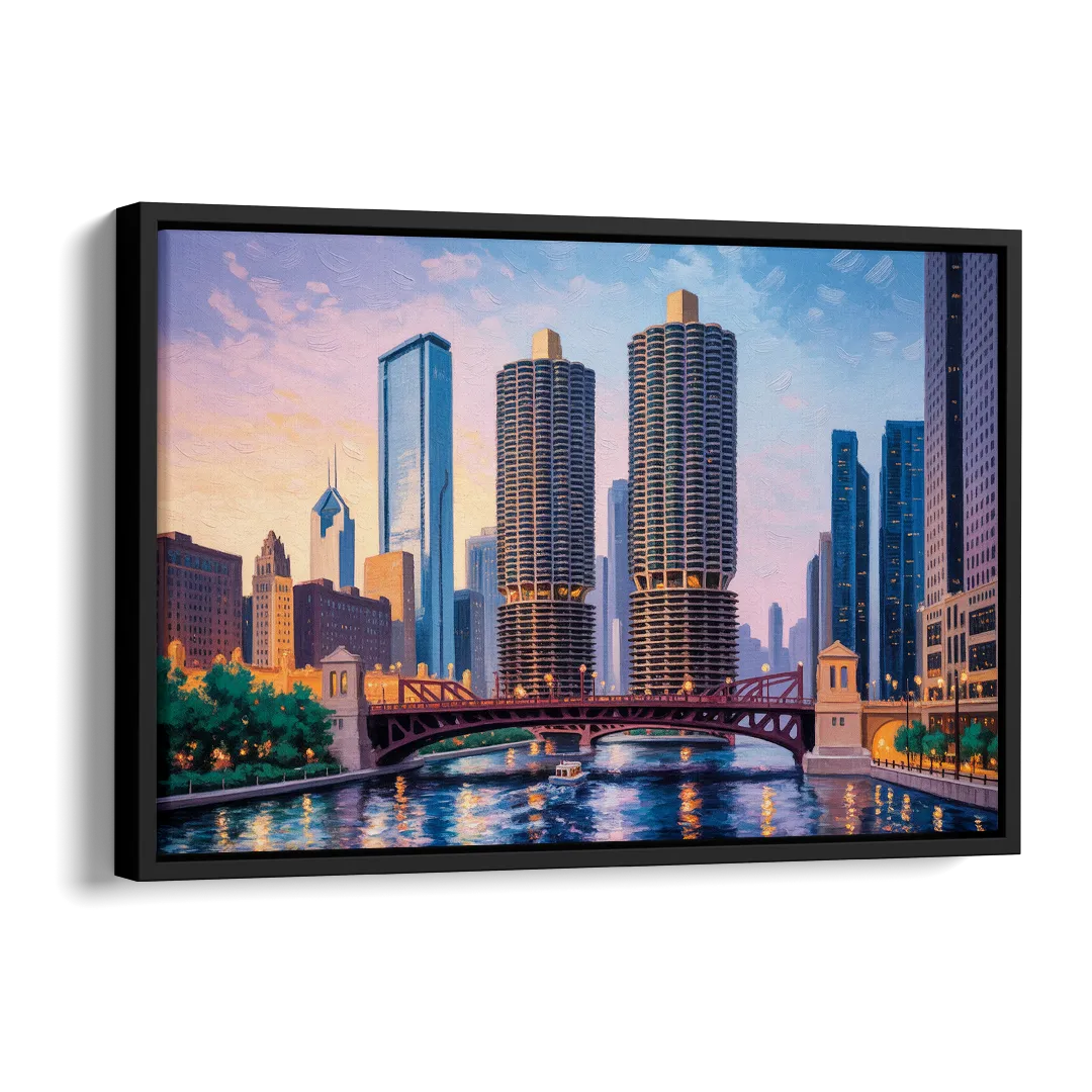Chicago Marina City Towers Panorama Side - Black Canvas Wall Art
