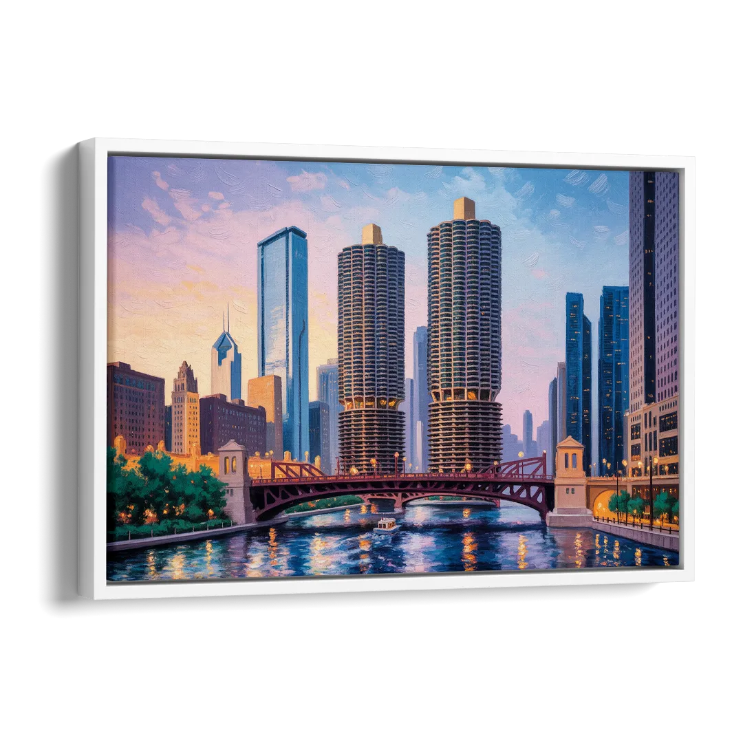 Chicago Marina City Towers Panorama Side - White Canvas Wall Art