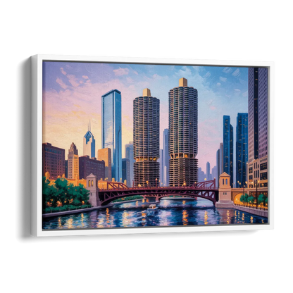 Chicago Marina City Towers Panorama Side - White Canvas Wall Art