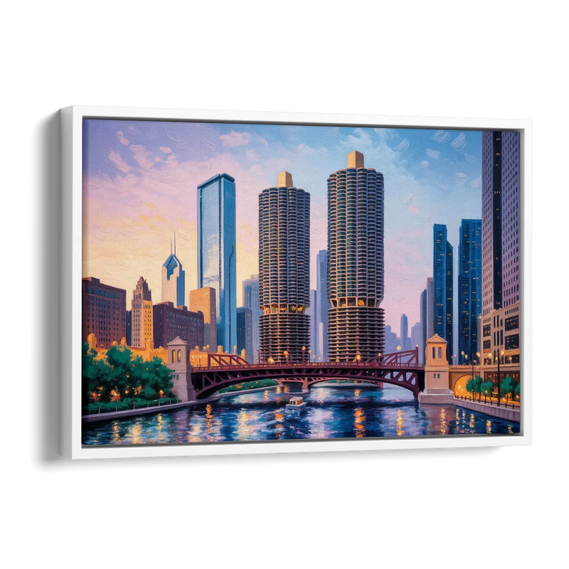 Chicago Marina City Towers Panorama Side - White Canvas Wall Art