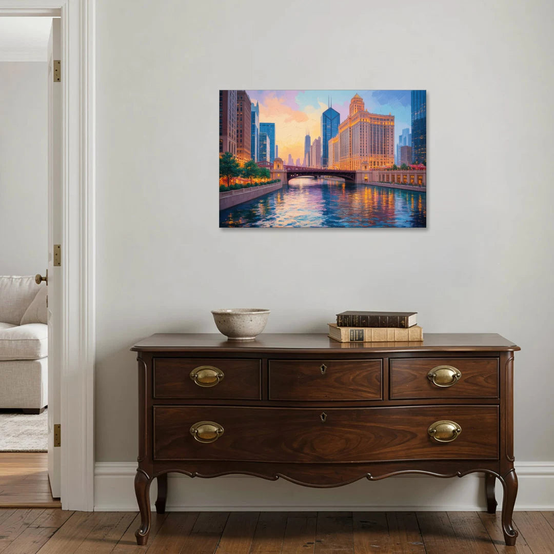 Chicago Merchandise Mart from the River - Canvas Wall Art - Coffee Table - 36x24