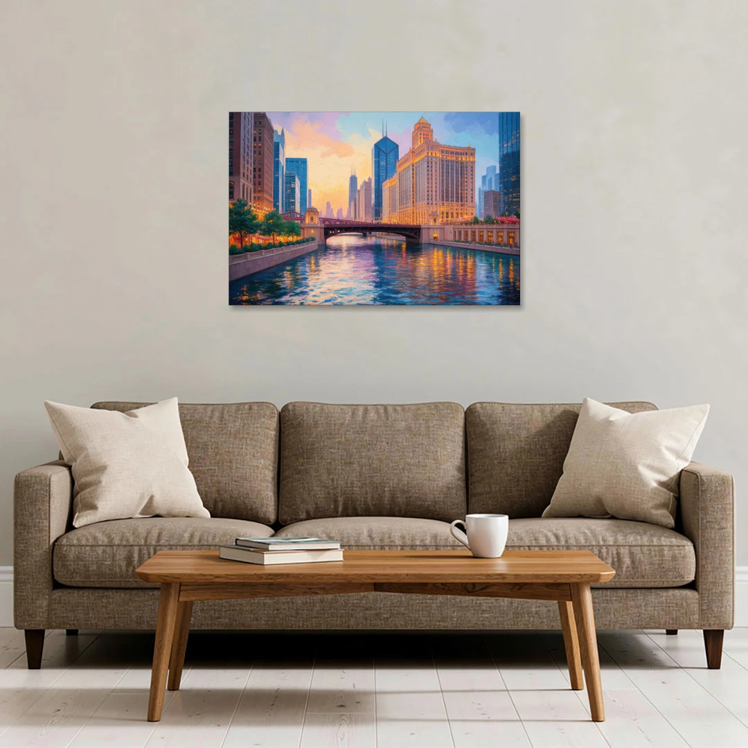 Chicago Merchandise Mart from the River - Canvas Wall Art - Sofa - 36x24