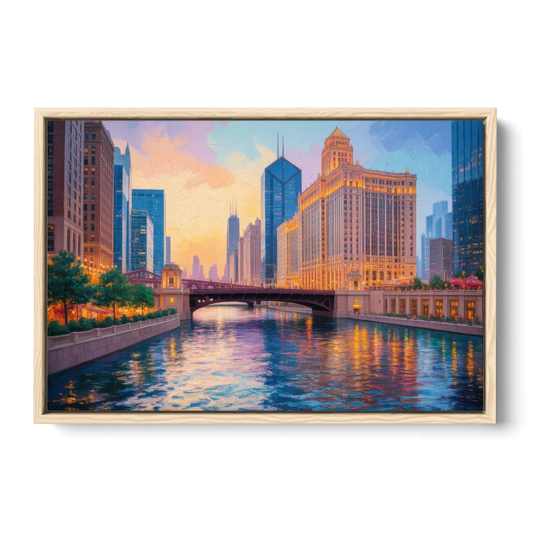 Chicago Merchandise Mart from the River - Oak Framed Canvas Wall Art - Front