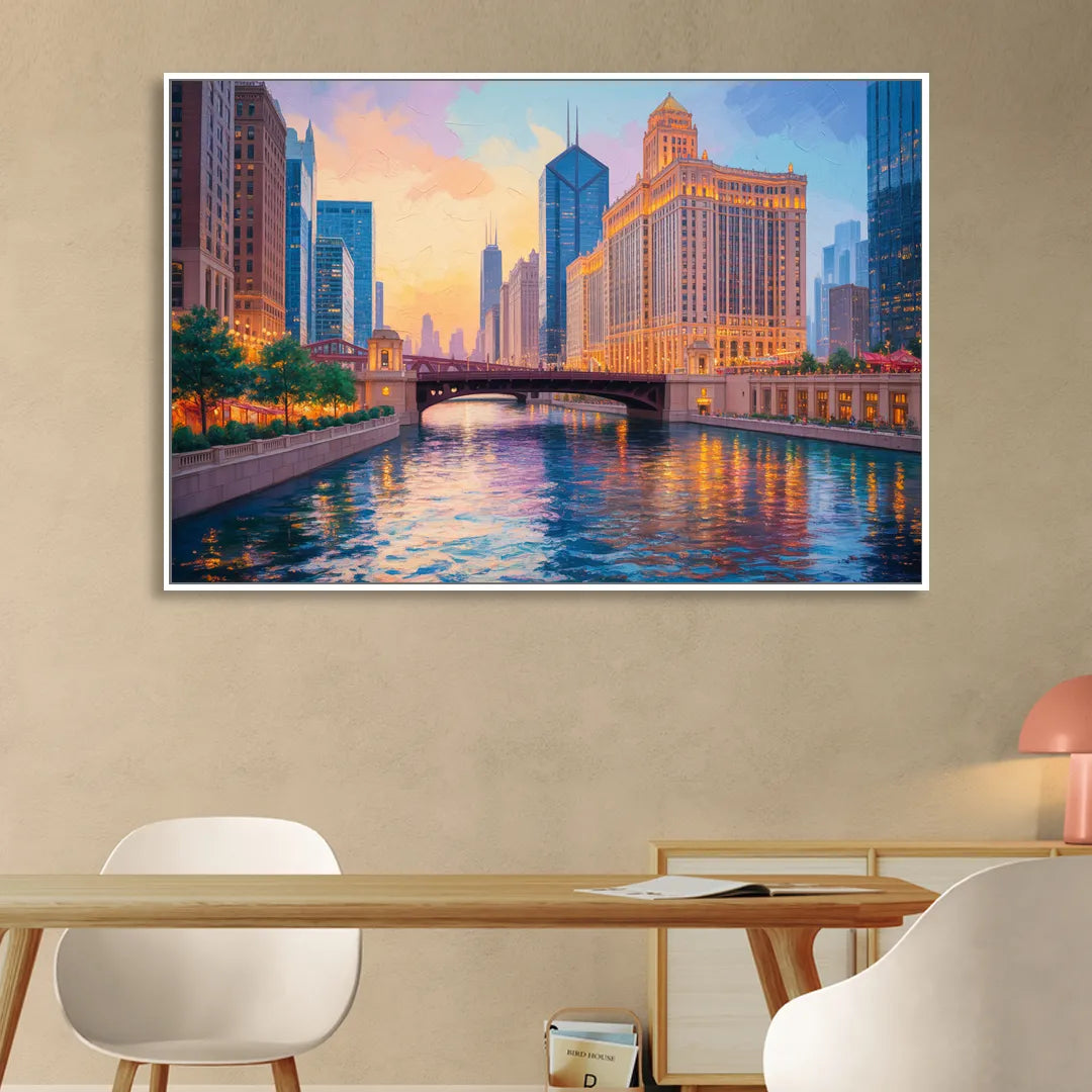 Chicago Merchandise Mart from the River Sitting Room - White Canvas Wall Art