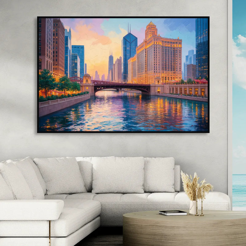Chicago Merchandise Mart from the River Sitting Room - Black Canvas Wall Art