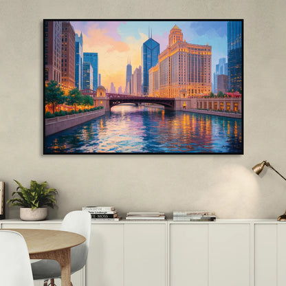 Chicago Merchandise Mart from the River Living Room - Black Canvas Wall Art