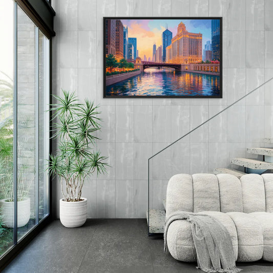 Chicago Merchandise Mart from the River - Living Room Black Frame Canvas
