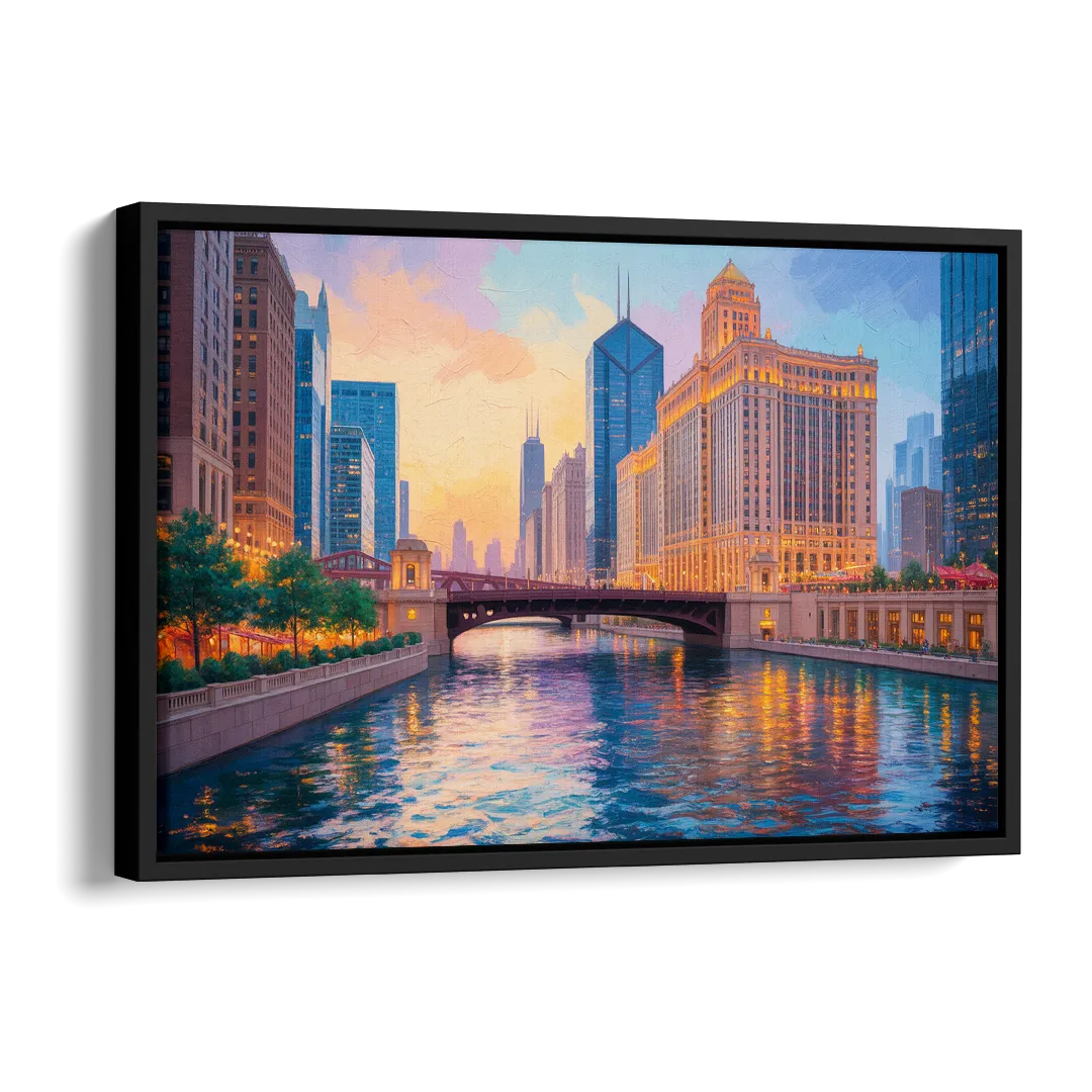 Chicago Merchandise Mart from the River Side - Black Canvas Wall Art