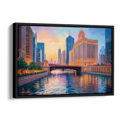 Chicago Merchandise Mart from the River Side - Black Canvas Wall Art