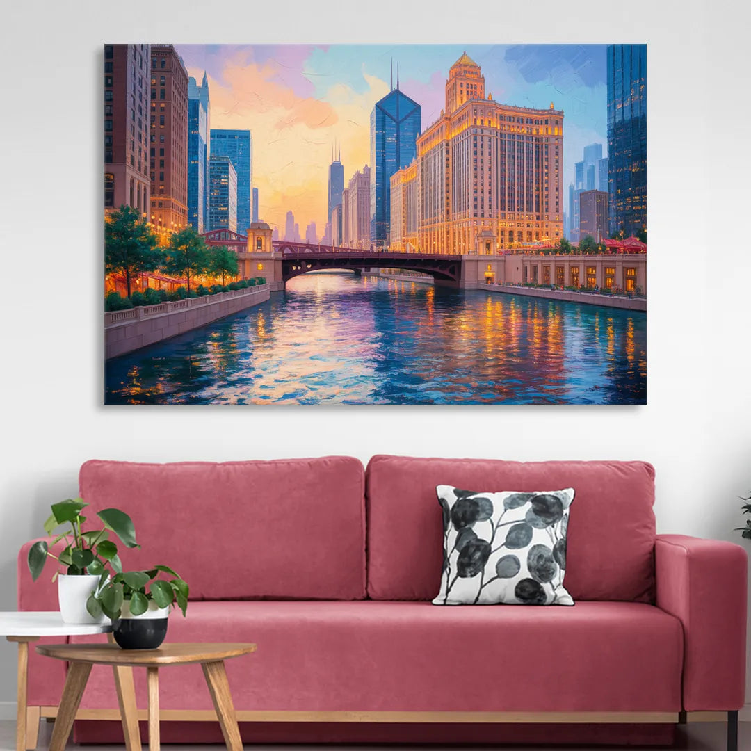 Chicago Merchandise Mart from the River Sitting Room - Canvas Wall Art