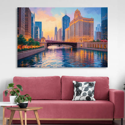 Chicago Merchandise Mart from the River Sitting Room - Canvas Wall Art
