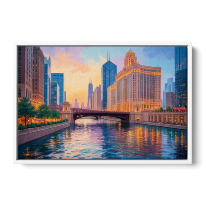 Chicago Merchandise Mart from the River - White Frame Canvas