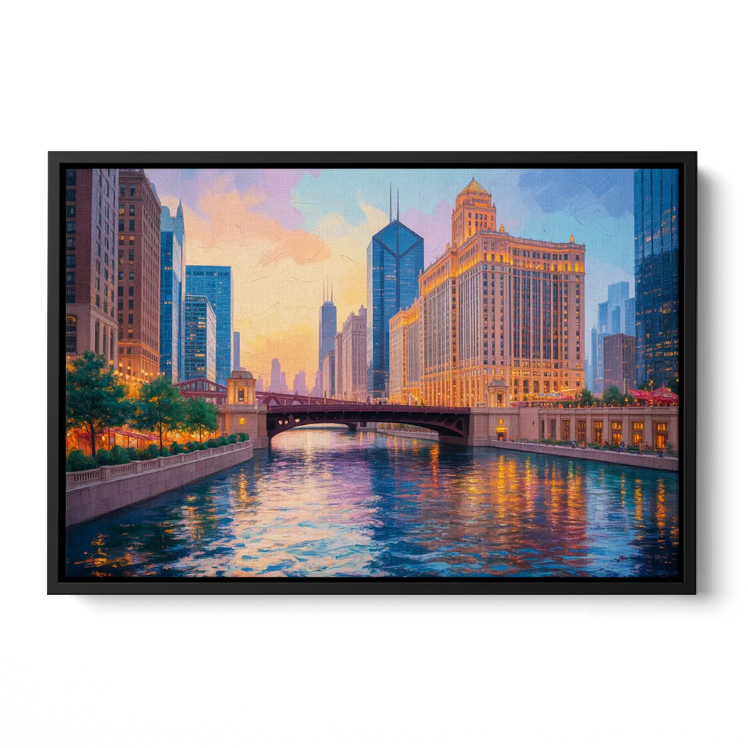 Chicago Merchandise Mart from the River Front - Black Canvas Wall Art