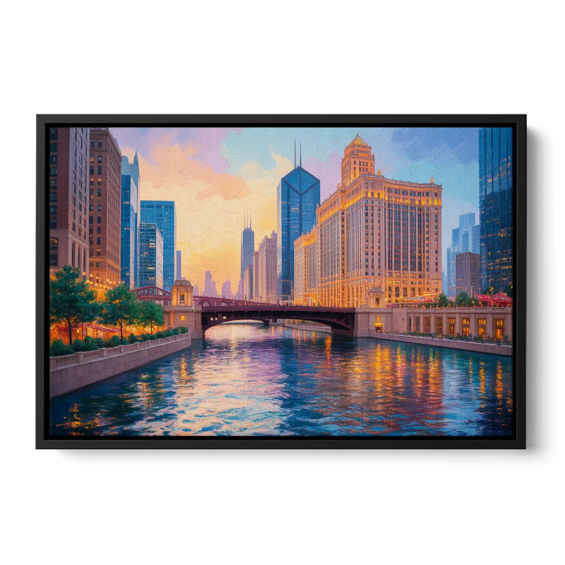 Chicago Merchandise Mart from the River Front - Black Canvas Wall Art