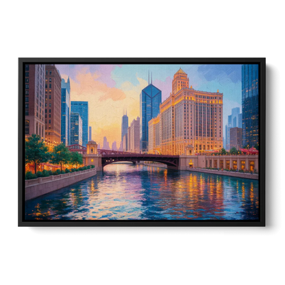 Chicago Merchandise Mart from the River - Black Frame Canvas