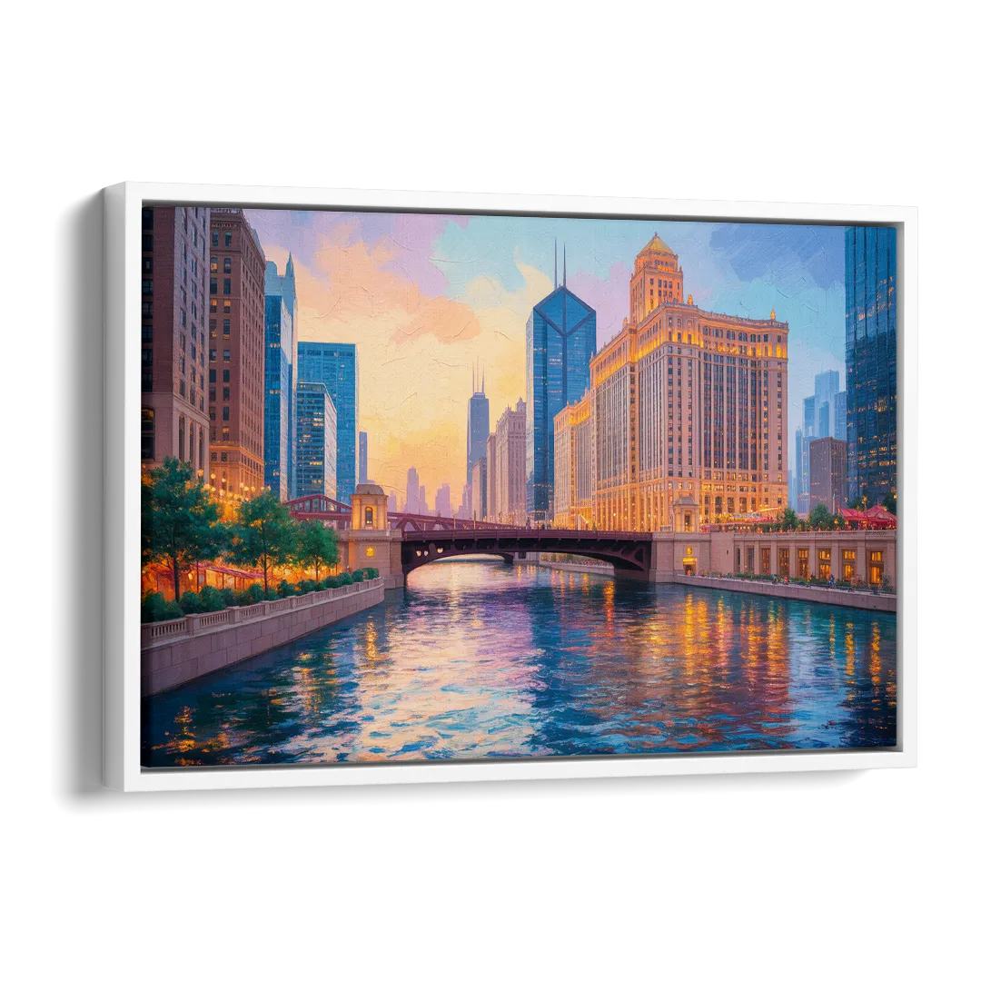 Chicago Merchandise Mart from the River Side - White Canvas Wall Art