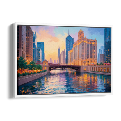 Chicago Merchandise Mart from the River Side - White Canvas Wall Art