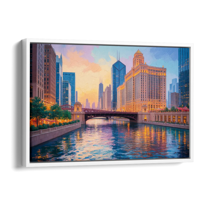 Chicago Merchandise Mart from the River Side - White Canvas Wall Art