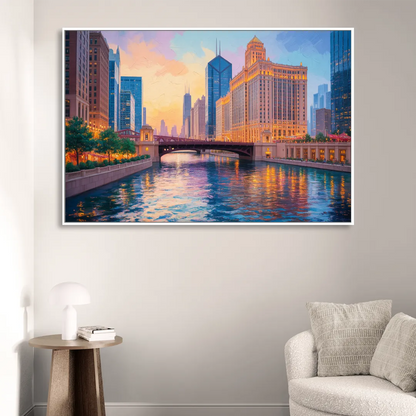 Chicago Merchandise Mart from the River Living Room - White Canvas Wall Art
