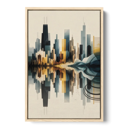 Chicago Metallic Skyline Outline - Oak Framed Canvas Wall Art - Front