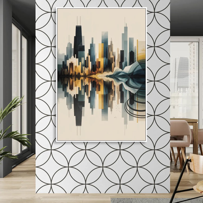 Chicago Metallic Skyline Outline Sitting Room - White Canvas Wall Art