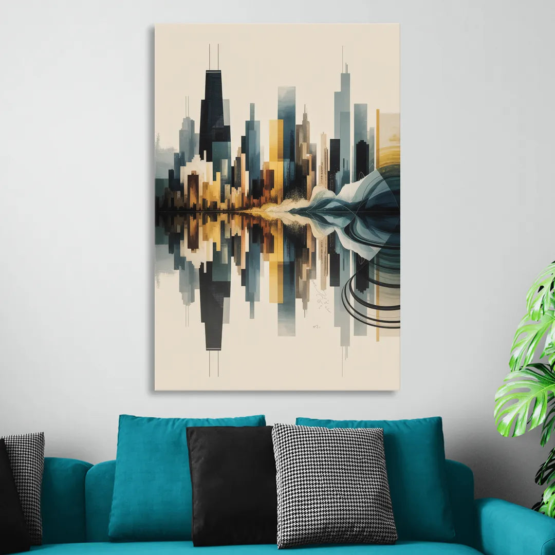 Chicago Metallic Skyline Outline Living Room - Canvas Wall Art