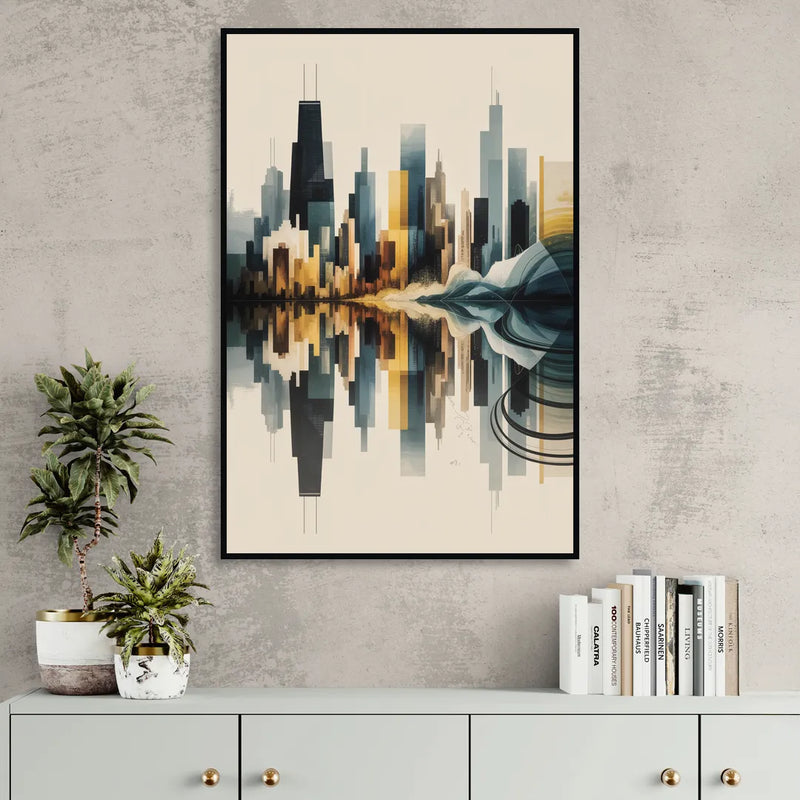Chicago Metallic Skyline Outline Living Room - Black Canvas Wall Art