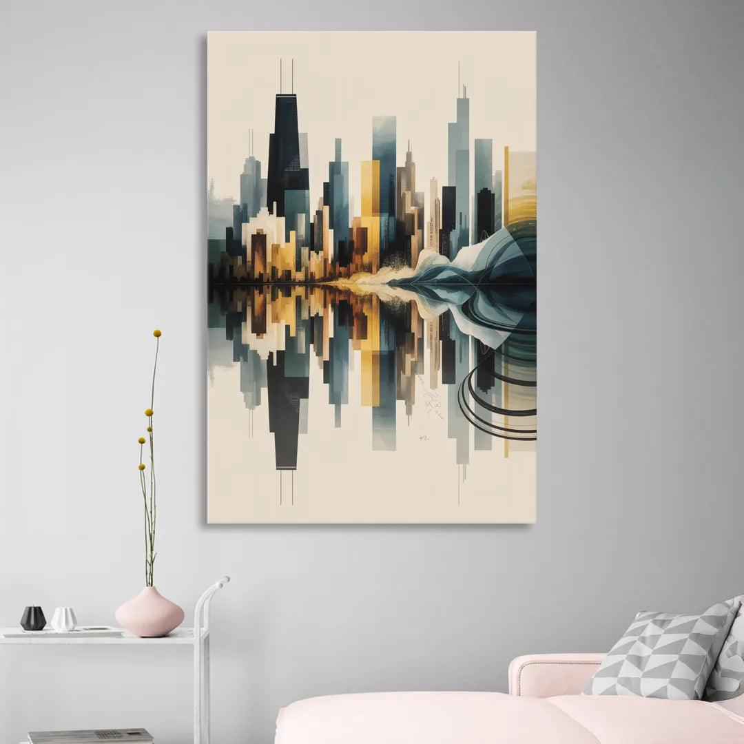 Chicago Metallic Skyline Outline Sitting Room - Canvas Wall Art