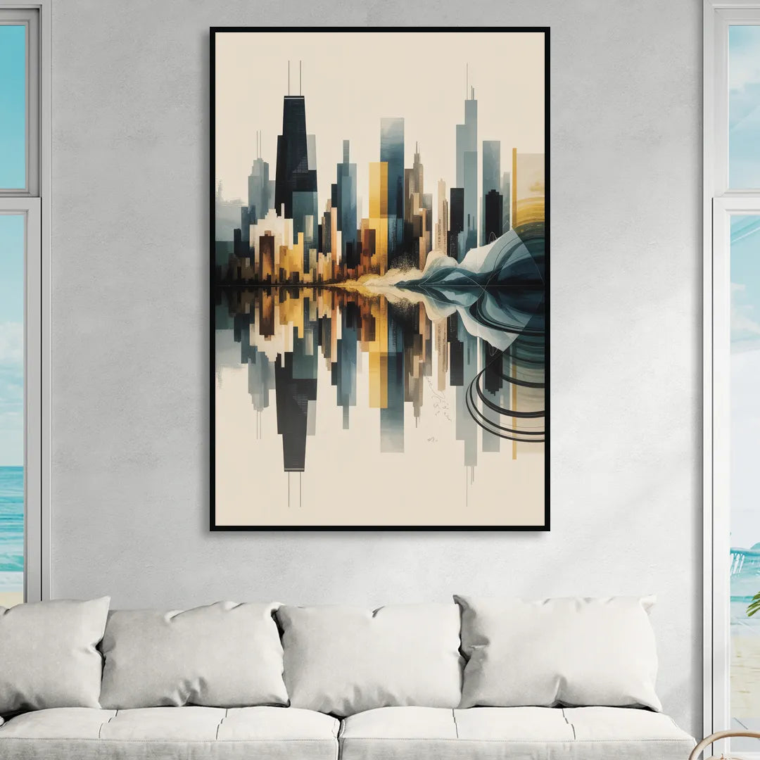 Chicago Metallic Skyline Outline Sitting Room - Black Canvas Wall Art