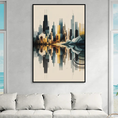 Chicago Metallic Skyline Outline Sitting Room - Black Canvas Wall Art